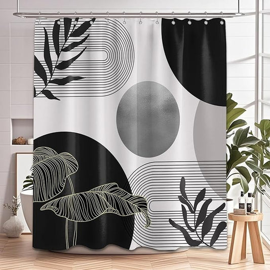 Black and Grey Shower Curtain Black White Gray Mid Century Modern Shower Curtains for Bathroom Decor Boho MCM Mens Cool Bath Curtain Set, Waterproof Fabric with Hooks 70 x 72 Inch