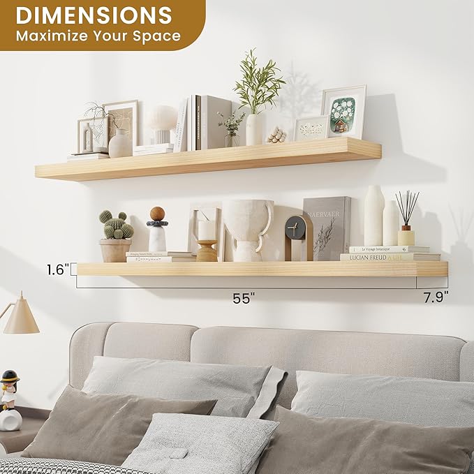 RICHFOCUS Rustic Wooden Floating Shelves for Wall - 55 Inch Wood Shelves Set of 2-7.9 Inch Deep Solid Paulownia Wood Wall Mounted Shelves with Upgraded Metal Brackets for Room Decor, Natural