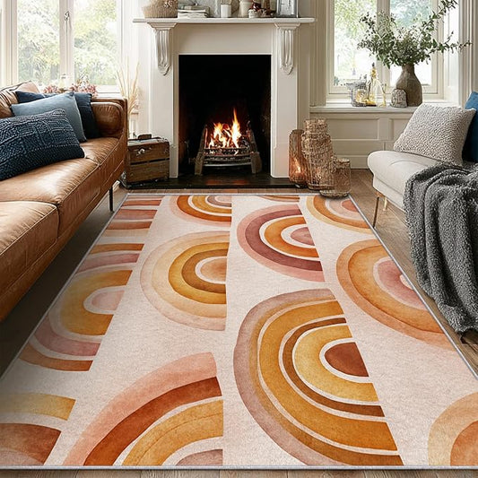 Retro Arcs Area Rug 5x6, Minimalist Arch Pattern Rug, Modern Retro Neutral Carpet for Living Room Bedroom, Non Slip Washable Rug