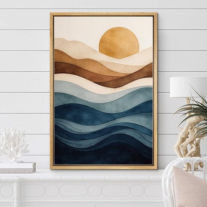 Woodrose Framed Canvas Print Wall Art Abstract Layered Landscape Sun and Waves Illustrations Modern Art Minimalist 3D Colorful Ultra for Living Room, Bedroom, Office - 24"x36" NATURAL