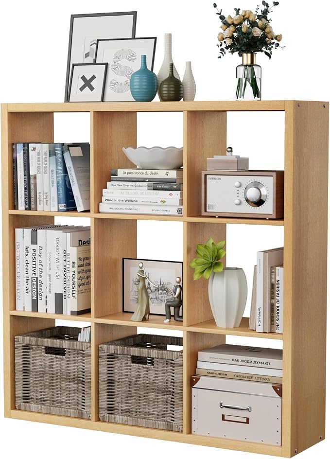9-Cube Storage Organizer, Wooden Cube Shelf Bookcase with Reinforced Thick Shelves, Heavy-Duty 36.93" L x 9.37" W x 36.93" H, for Living Room Bedroom Home Office, Natural-Oak