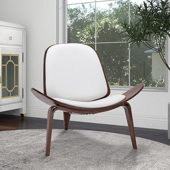 BELLEZE Shell Chairs Set of 2, Armless Mid Century Modern Accent Chairs Faux Leather Shell Lounge Chairs for Living Room Bedroom Office, Tripod Side Chairs with Padded Seat, Solid Wood- Avalon (White)