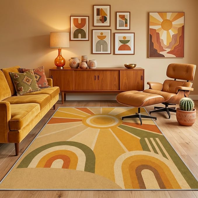 Golden Sunburst Area Rug 4x6, Mid Century Modern Retro Geometric Rug, 70s Style Abstract Washable Low Pile Non Slip Rug for Living Room Bedroom
