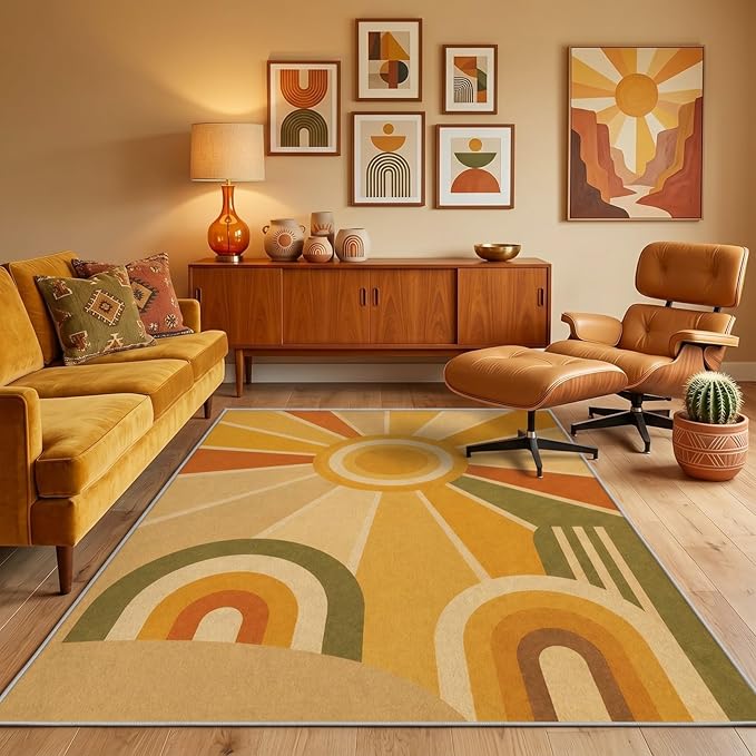 Golden Sunburst Area Rug 3x5, Mid Century Modern Retro Geometric Rug, 70s Style Abstract Washable Low Pile Non Slip Rug for Living Room Bedroom