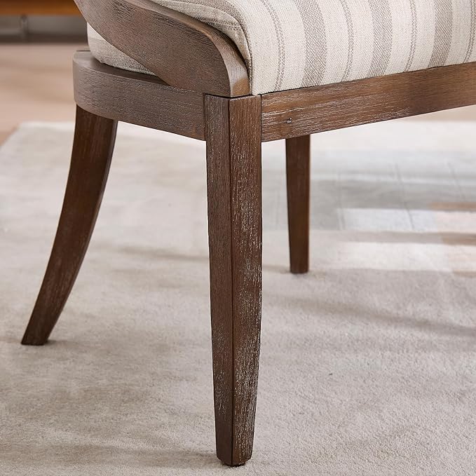 Modern Farmhouse Dining Chairs Set of 2 Mid Century Upholstered Dining Chair with Wooden Curved Back Kitchen Chairs for Dining Room Restaurant Cafe, Brown Walnut Colored-Linen Khaki Stripe