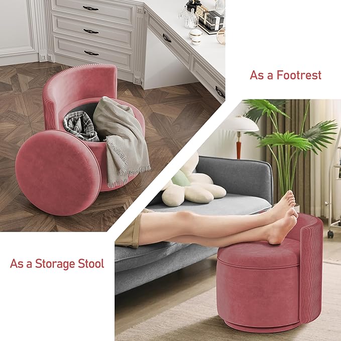 360° Swivel Accent Chair with Storage, Vanity Stool with Back, Velvet Storage Ottoman, Upholstered Round Barrel Vanity Chair for Living Room, Makeup Room, Bedroom (Dusty Rose)