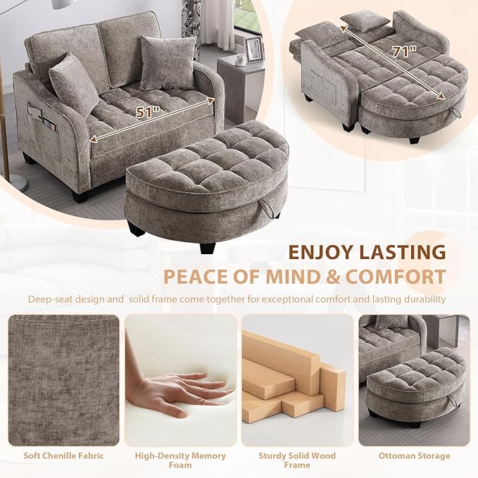 Oversized Curved Chaise Lounge Chair Indoor with Ottoman, 54.8" Cloud Boneless Reading Chair Soft Chenille Circle Couch w/Adjustable Backrest for Living Room, Apartroom, Bedroom, Brown