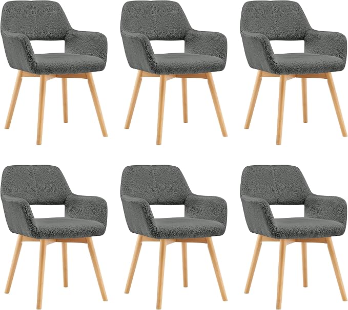 Mid Century Modern Dining Chairs Set of 6 & 4 & 2 Comfy Accent Chair Upholstered Kitchen Dining Living Room Chairs for Bedrooms Waiting Room Home Arm Desk Chair No Wheels (Wool Dark Gray, 6)