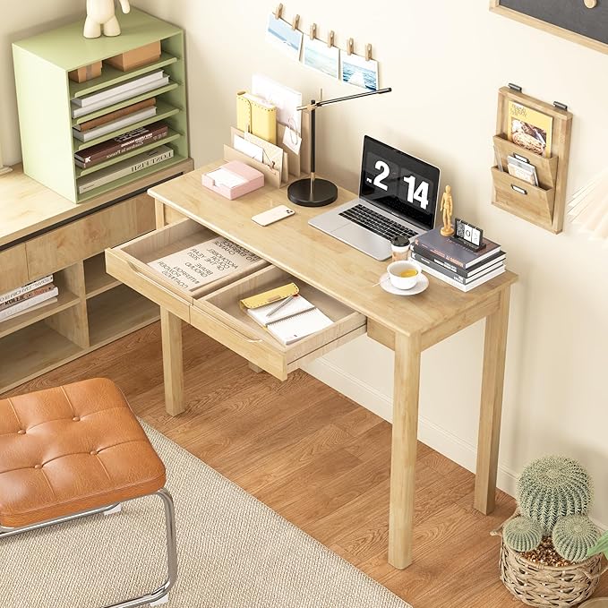 Solid Wood Desk with Drawers - 39 x 16 Inch Boho Narrow Desks, Mid Century Modern Desks, Rubber Wood Study Table, Small Writing Desk for Bedroom|Small Spaces, Natural