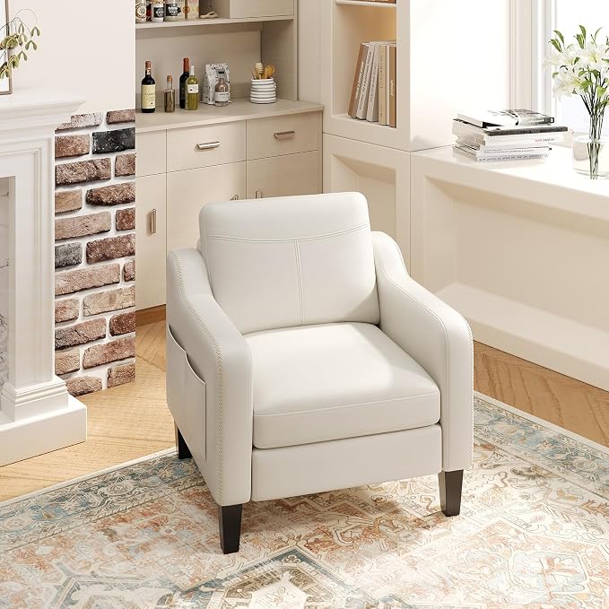 MALOL PU Leather Accent Chair Set of 2, Mid-Century Modern Living Room Armchair Sofa with Removable Cushions, Solid Wood Frame & Stitched Armrest Design, Bedroom Chair with Plastic Legs, Beige