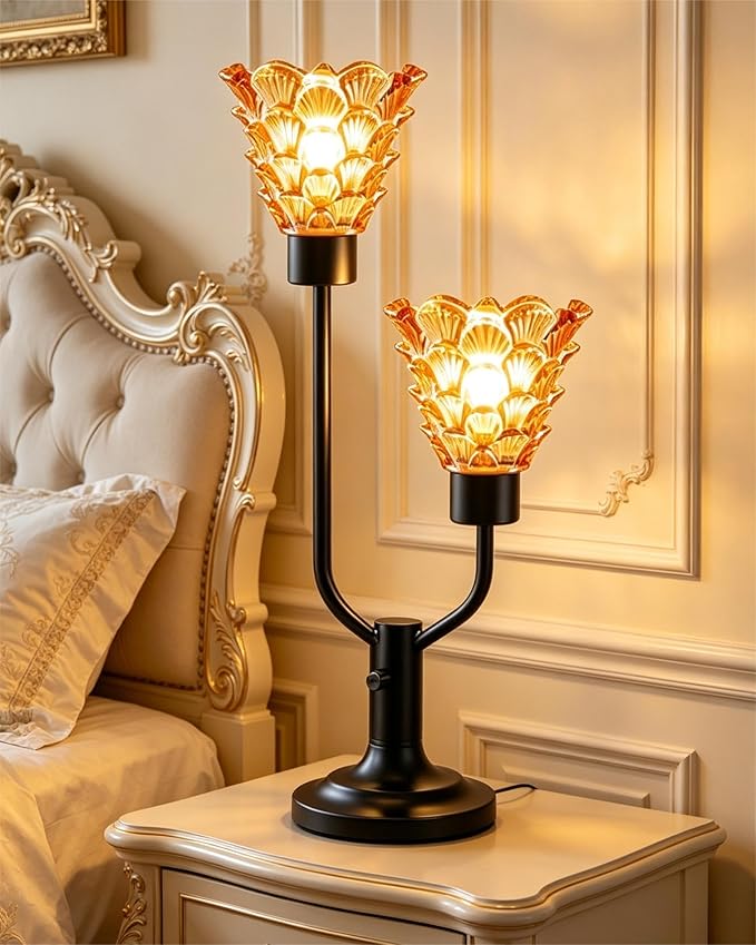 Lightdot Vintage Table Lamp for Living Room Dimmable Mid Century Modern Desk Lamp Amber Glass Black Nightstand Lamp 2 Bulbs Included Warmwhite Ambient Bedside Lamps for Bedroom Home Office Decor Gift