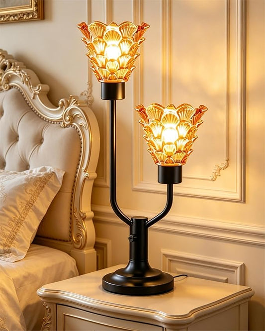 Lightdot Vintage Table Lamp for Living Room Dimmable Mid Century Modern Desk Lamp Amber Glass Black Nightstand Lamp 2 Bulbs Included Warmwhite Ambient Bedside Lamps for Bedroom Home Office Decor Gift