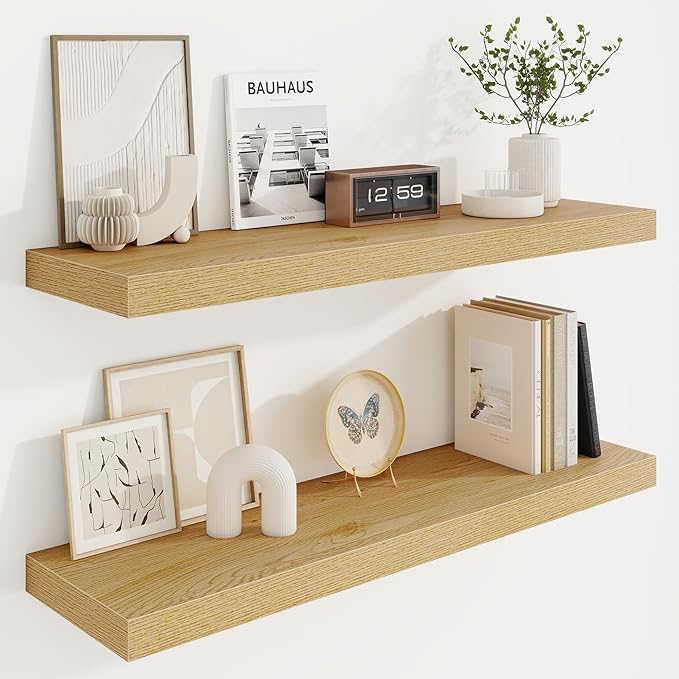 36in Floating Shelves for Wall, 36"W x 9.25"D x 1.25"H, 2 Pack Long Wall Mounted Engineered Wood Shelves with Invisible Brackets for Living Room, Bedroom, Bathroom, Kitchen Decor and Storage, Oak