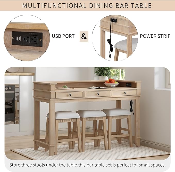 VilroCaz 4-Piece Counter Height Extra Long Dining Table Set with 3 Drawers and Upholstered Stools, Rubber Wood Dining Table Set Home Bar Table Set with Footrest and USB Port (Natural-B1)