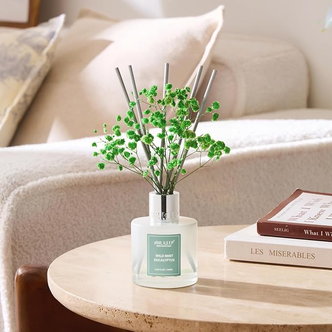Airkeep Reed Diffuser Set,3.38 fl oz (100 ml) - Wild Mint&Eucalyptus Oil Diffusers with 8 Reed Sticks, Home Fragrance Reed Diffuser for Bathroom Shelf Decor