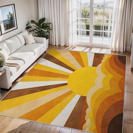 Boho Sun Rugs for Home Decor, 8x10 ft, Abstract Sunburst Retro Area Rugs for Living Room, Soft Non Slip Washable Mid Century Modern Carpet Bedroom Decorations Dt-Ghf-69
