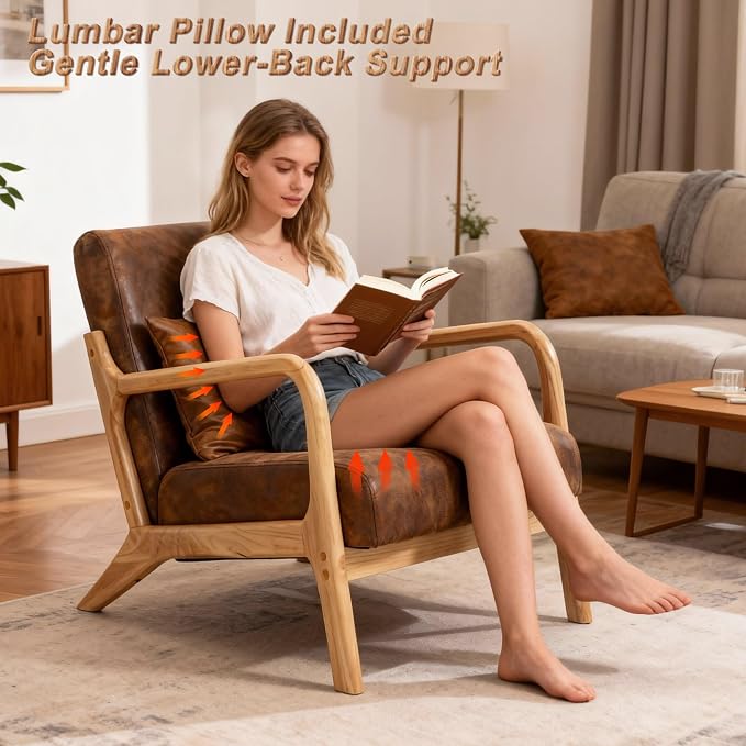 Mid Century Modern Lounge Chair with Wooden Frame & Gold-Embossed Upholstery, Vintage-Inspired Accent Chair with Pillow, Modern Living Room Chair for Stylish Home Interiors