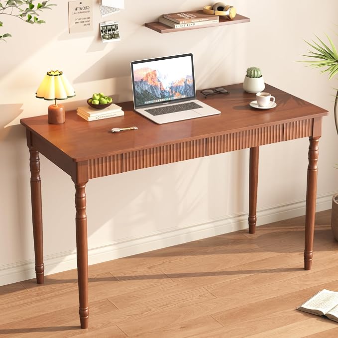 Solid Wood Desk with 2 Drawers - 47.2" Mid Century Modern Desks, Small Wooden Vintage Writing Desk, Fluted Design Walnut Home Office Computer Desks, Gaming Study Vanity Table for Living Room, Bedroom