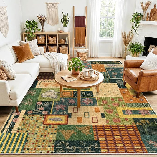 Flowers Patchwork Abstract 8x10 Area Rug, Green Soft Faux Wool Geometric Rugs for Living Room, Non Slip Low Pile Washable Indoor Carpet Rug for Bedroom, Entryway, Dining Room, Home Office Decor