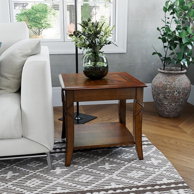 2-Set Solid Wood End Table with Storage Shelf, Cherry Walnut