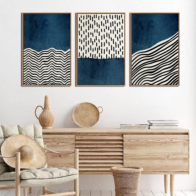 Framed Wall Art Canvas Set Mid Century Boho Picture Modern Abstract Geometric Lines Wall Decor Minimalist Black Indigo Canvas Painting Artwork Living Room Bedroom Home Office 16"x24"x3 Natural