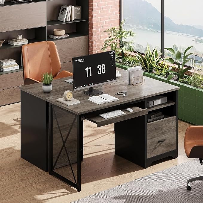 Bestier 47" Office Desk with Drawers, Industrial Computer Desk with Drawer, Reversible Teacher Desk with Storage & Keyboard Tray for Small Space Home Office & Studio, Gray Wash