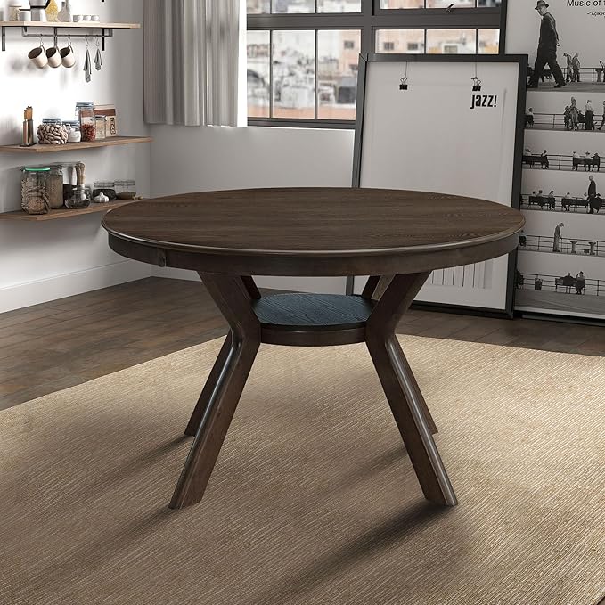 JUSTONE 47.2''Round Dining Table for 4,Modern Kitchen Table Wooden Trestle Pedestal Base,Minimalist Elegant Dining Table for Living Room, Dining Room,Small Space(φ47.2"x29.9"H,Brown)