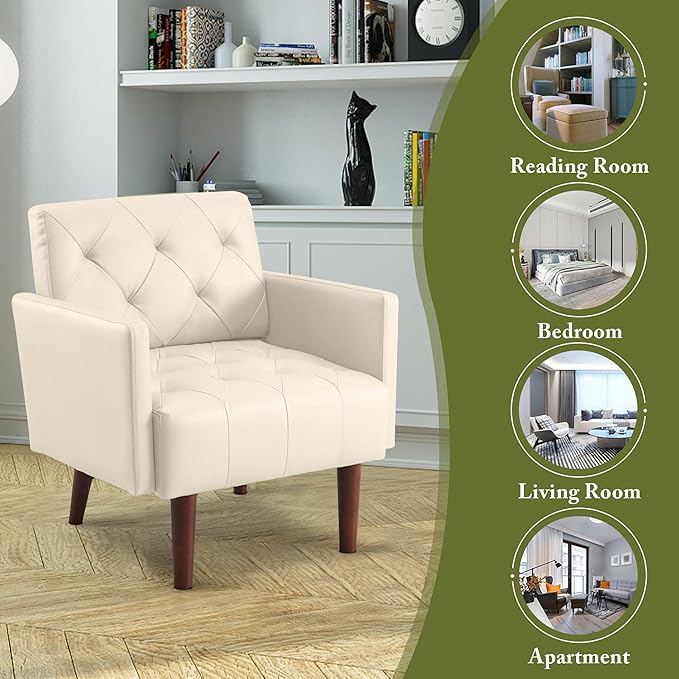 Modern Accent PU Chair, Living Room Chair Upholstered Single Sofa with 4 Sturdy Legs, Contemporary Reading Chair for Living Room, Reading Room, Bedroom (Cream)