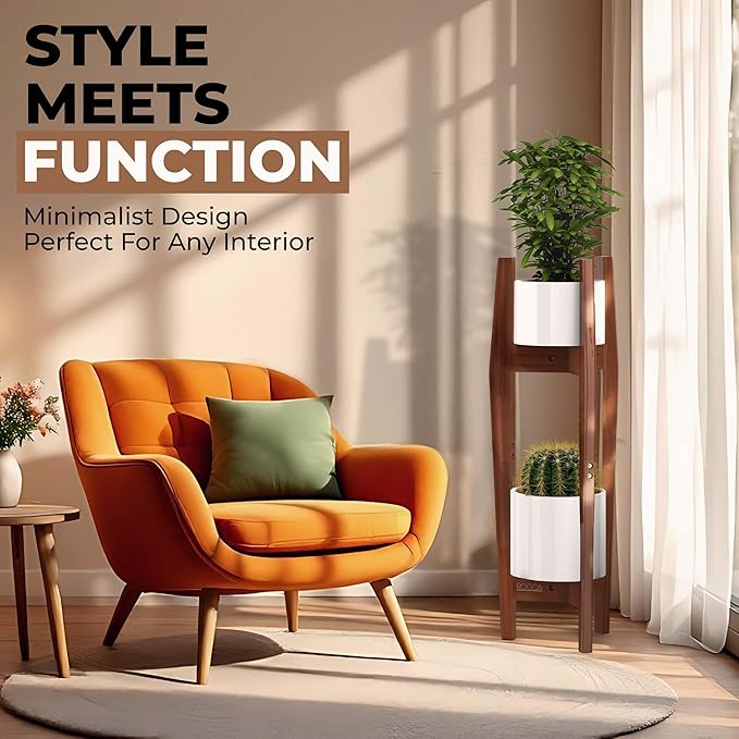 ROCCA 2-Tier Tall Plant Stand Indoor – Adjustable Bamboo Plant Stand (8–12”), Wooden Corner Pedestal for Multiple Pots, Modern Space-Saving Design