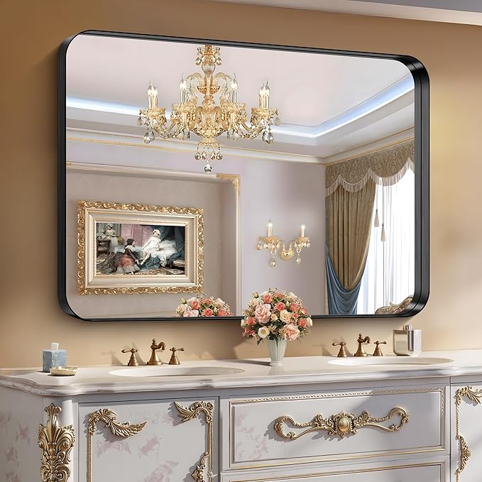 CIRCUMI Black Bathroom Mirror, 36"x50" Rectangular Mirror with Deep Metal Frame, Rounded Corner, Tempered Glass, Large Mirror for Wall, Over 2 Sinks, Installed Vertically/Horizontally, Crystal-Clear