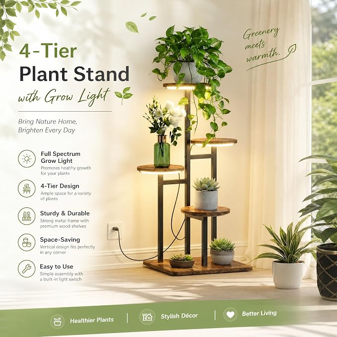 4 Tier Plant Stand Indoor with Grow Light for Multiple Plants | Corner Flower Stand, Vintage Multi-Layer Design, Sturdy Plant Shelf, Space-Saving, Ideal for Living Room Indoor Plant Display