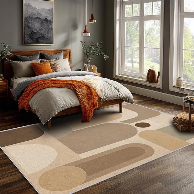 Neutral Geometric Area Rug 8x10, Mid Century Modern Abstract Rug, Soft Taupe Beige Color Block Washable Low Pile Non Slip Rug for Living Room Bedroom