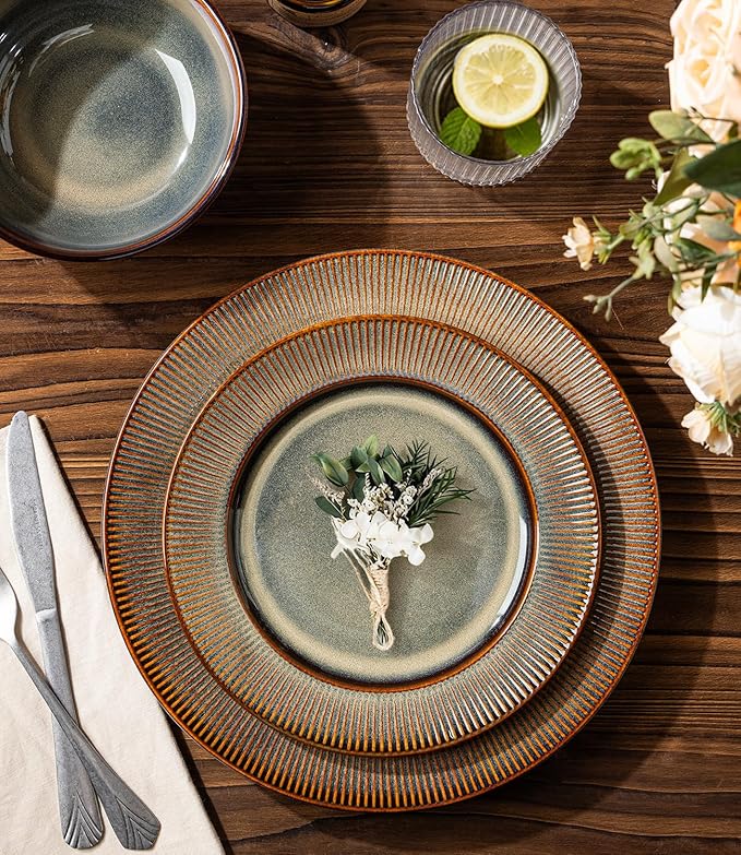 TheTerra Stoneware Dinnerware Sets for 4, 12 Pieces Ceramic Plates and Bowls Sets, Scratch Resistant Embossed Dish Set, Oven, Microwave & Dishwasher Safe, Coca Mocha