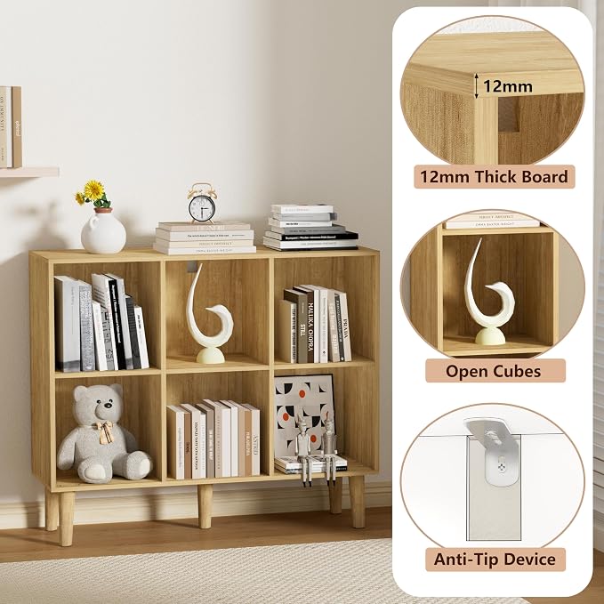 6 Cube Bookcase, Wooden Book Shelf Cube Storage Organizer with Legs, 2 Tier Bookshelf Freestanding Open Shelves for Home Office, Living Room, Bed Room (Oak, 6 Cube Horizontal)