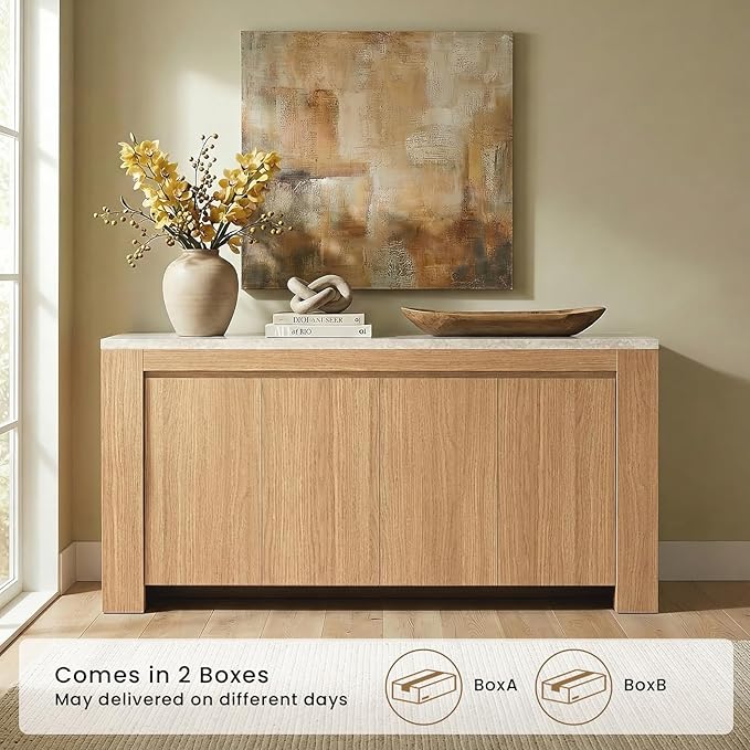 Buffet Cabinet with Storage, 63" Sideboard Buffet Accent Cabinet with Faux Marble Top & 4 Doors, Modern Buffet Table Credenza Cabinets for Living Room, Dining Room, Kitchen（Natural Oak）