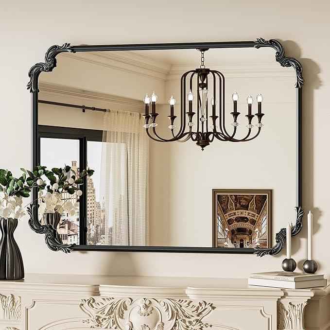 TETOTE Baroque Antique Black Rectangle Scroll Wall Mirror 40 x 30 Vintage Rounded Corner Framed Baroque French Rectangular Mirror for Mantle Fireplace Bathroom Living Room, Horizontal/Vertical