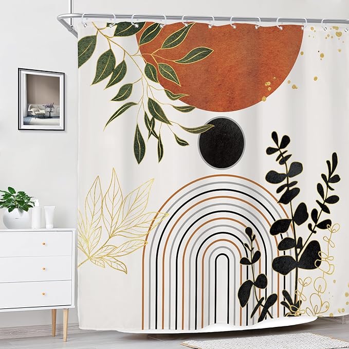 Riyidecor Burnt Orange Boho Modern Shower Curtain for Bathroom Decor 72Wx72H Mid Century Bohemian Neutral Unisex Palm Leaves Minimalist Art Printed Fabric Polyester Waterproof 12 Pack Plastic Hooks
