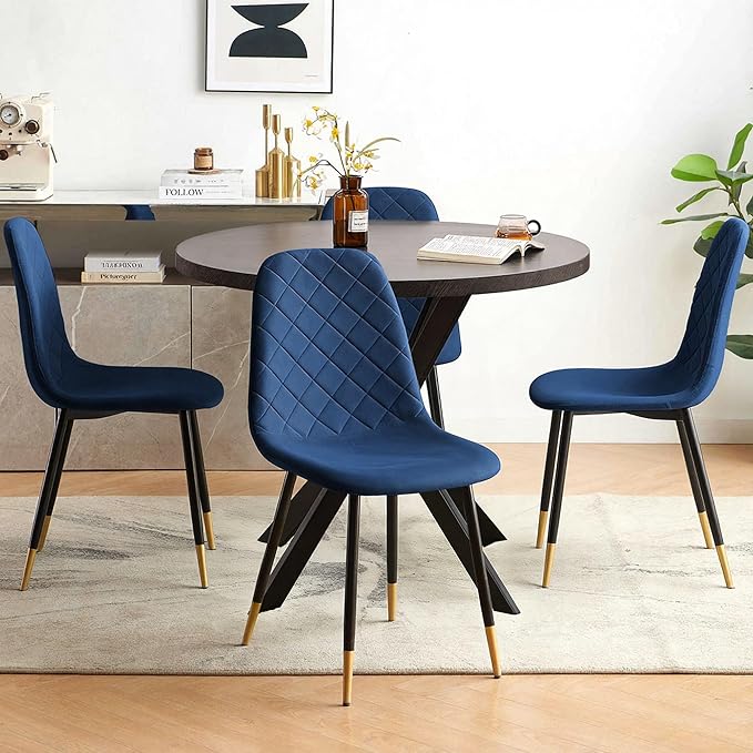 Mid Century Black Round Dining Table Set for 4, 37" Modern Small Kitchen Circle Table & 4 Velvet Side Chairs, Space Saving, Dinette for Home, Apartment, Dining Room, Navy Blue