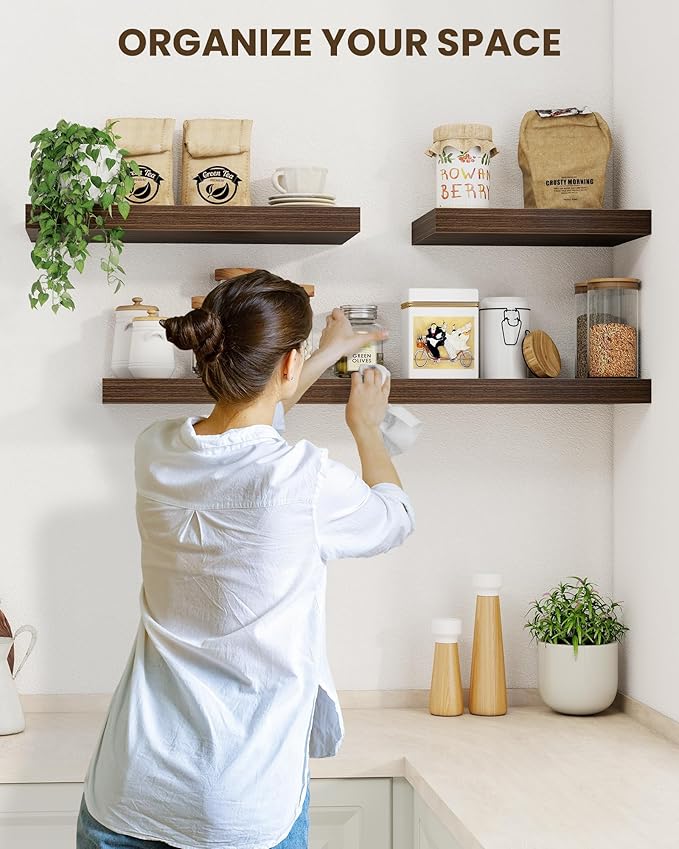 Marsmiles 6.7" Floating Shelves for Wall, Wooden Shelves with Invisible Brackets Set of 2, Rustic Farmhouse Wall Mounted Shelf for Kitchen Bathroom Living Room Study, Walnut