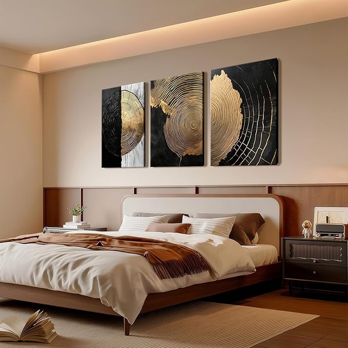 3Pcs Framed Minimalist Abstract Black Golden Canvas Wall Art Vintage Tree Ring Wall Decor Pictures Modern Rustic Posters Prints for Living Room Office Hallway Home Decoration 16x24in Ready to Hang