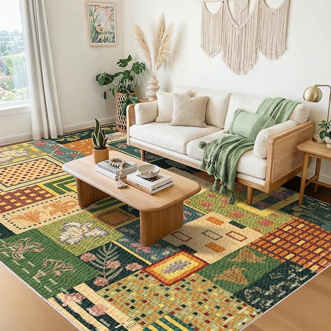 6x9 Flowers Patchwork Area Rugs for Living Room, Large Soft Faux Wool Rug for Bedroom, Green Boho Carpet, Non-Slip Low Pile Washable Rug for Dining Room Office Home Hardwood Floor