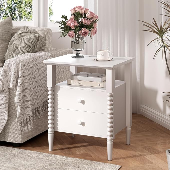 White Night Stand Set 2, Vintage Nightstand with Charging Station, Bedside Table with 2 Drawers, End Table with Solid Wood Legs, Bed Side Tables for Bedroom, White