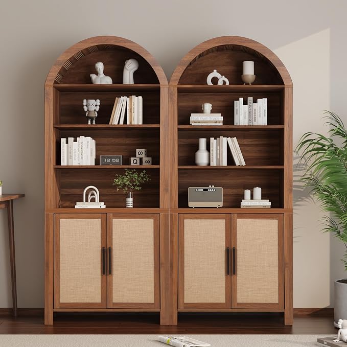 Janmer Home 71" Tall Arched Bookcase with Storage, Modern 6-Tier Cabinet with Door, Arched Bookshelf Cabinet with Open Display Storage Shelf for Living Room (Walnut,)