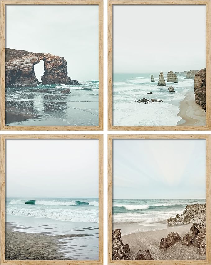 SIGNWIN Framed Rocky Storm Cloud Sky Beach Ocean Wall Art, Set of 4 Landscape Colorful Wall Decor Prints, Nature Wilderness Wall Décor for Living Room, Bedroom - 11"x14" Natural