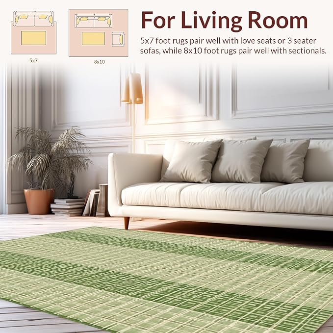 Flatwoven High Traffic Area Rug 8x10, Minimalist Asian Inspired Lattice with Zen, Non Slip, Stain Resistant, Washable Area Rugs for Living Room, Bedroom (Green, 8x10)