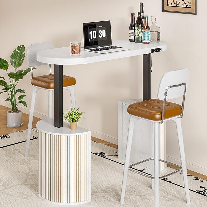 Mid Century Modern Electric Standing Desk with Storage, 55 x 22 Inch Small Sit Stand Up Desk, Wood Adjustable Height Computer Executive Desk for Home Office, Laptop, White