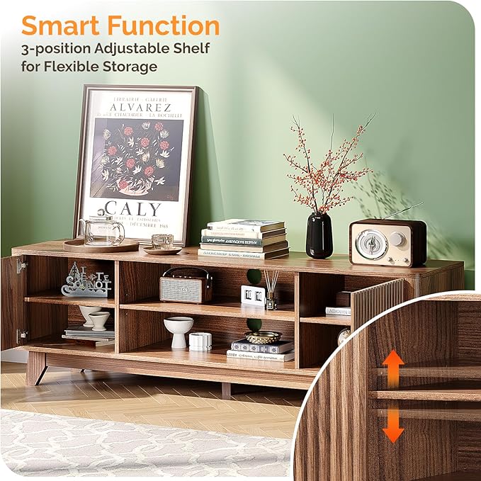 VINGLI 58.6" TV Stand up for 70 Inch TV, Mid Century Entertainment Center with Fluted Sliding Doors and Open Storage, Elegant Media Consoles for Living Room, Walnut
