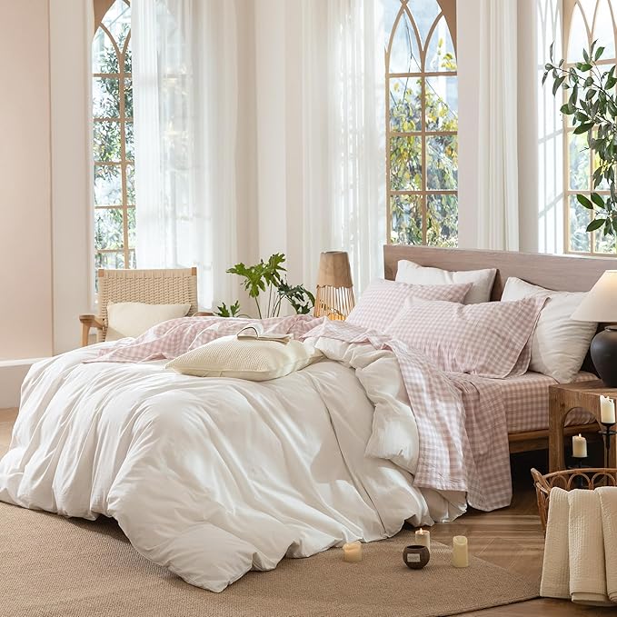 MooMee Gingham Sheet Set 100% Washed Cotton Linen Like Textured Breathable Soft w/Fully Elasticized 16-19" Deep Pocket (Classic Gingham Greyish Pink, King)