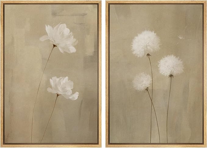 IDEA4WALL Framed Canvas Print Wall Art Set Neutral Floral with White Flowers and Dandelions Illustrations Modern Art Decorative Bohemian Calm/Zen for Living Room, Bedroom, Office - 24"x36"x2 Natural