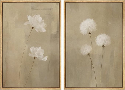 IDEA4WALL Framed Canvas Print Wall Art Set Neutral Floral with White Flowers and Dandelions Illustrations Modern Art Decorative Bohemian Calm/Zen for Living Room, Bedroom, Office - 24"x36"x2 Natural